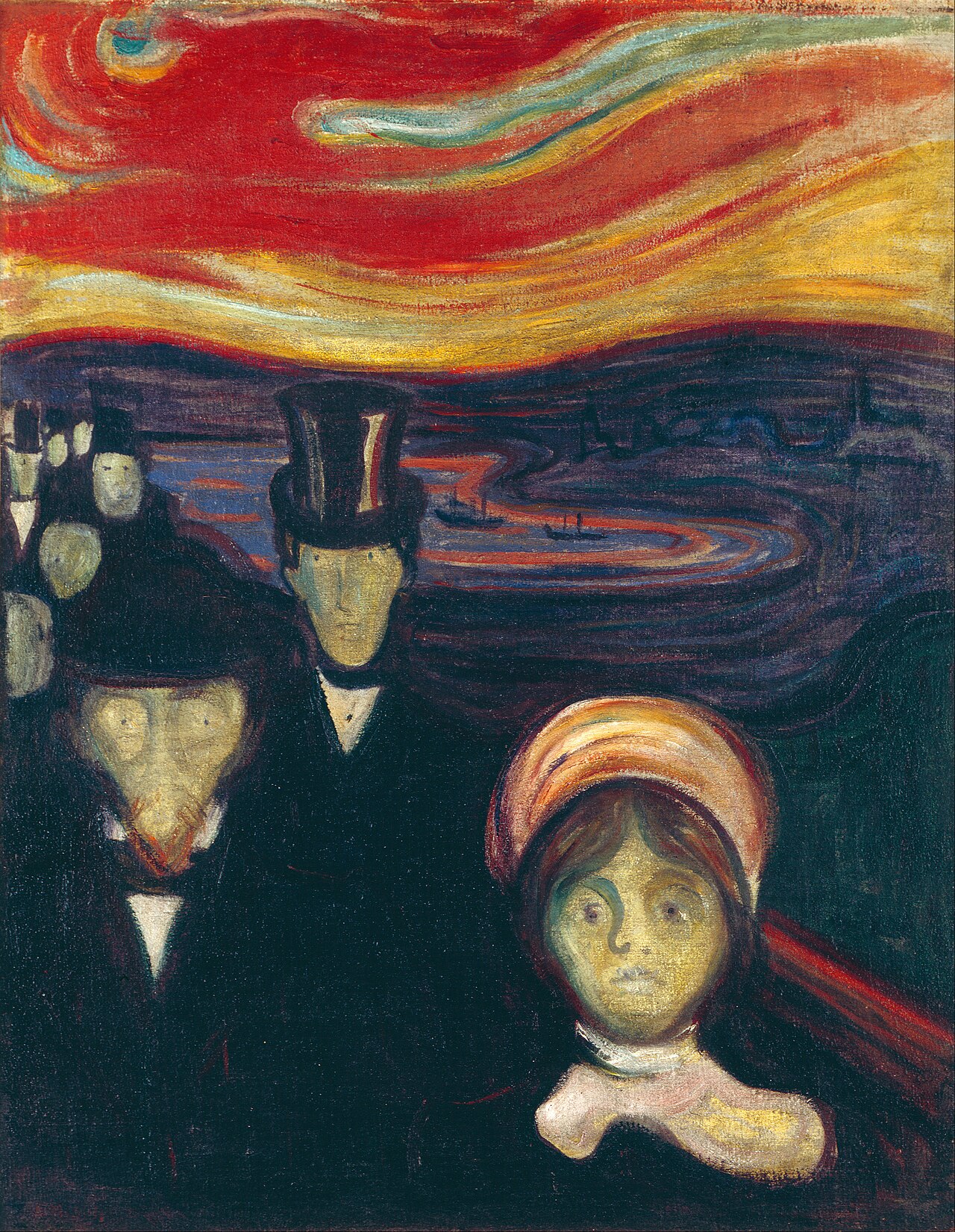 Group of figures with somber expressions under a vivid sky