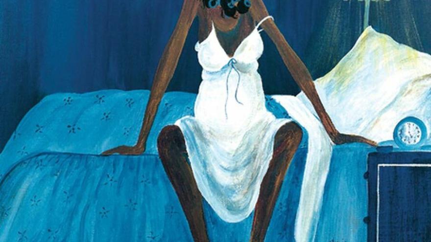 Woman in a white nightgown, sitting on a bed