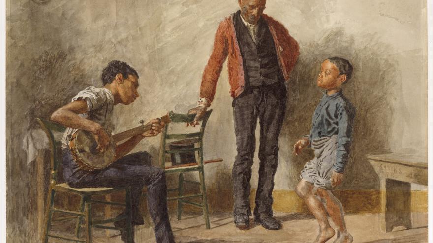 Man playing a banjo, with two others standing