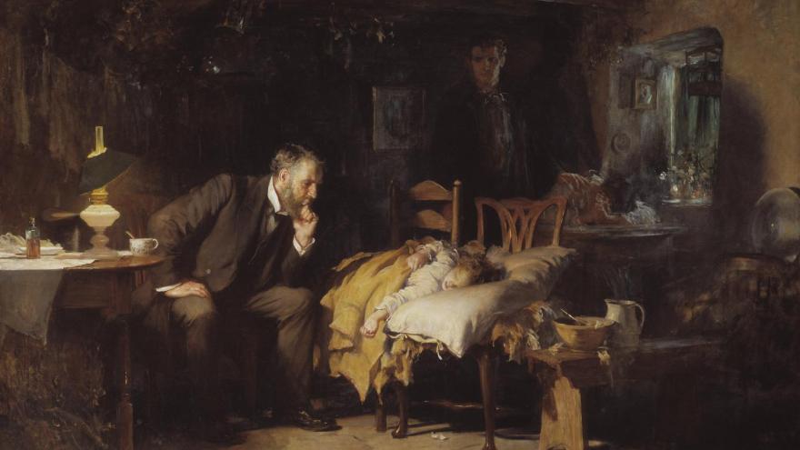 Doctor seated at bedside of a sick Child, observing thoughtfully