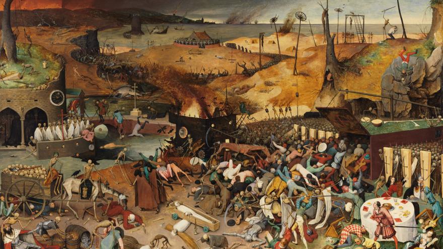 Chaotic medieval landscape with scenes of death and destruction.