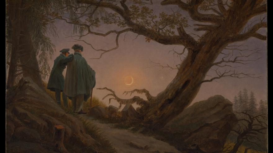 Two figures under a tree observing a crescent moon